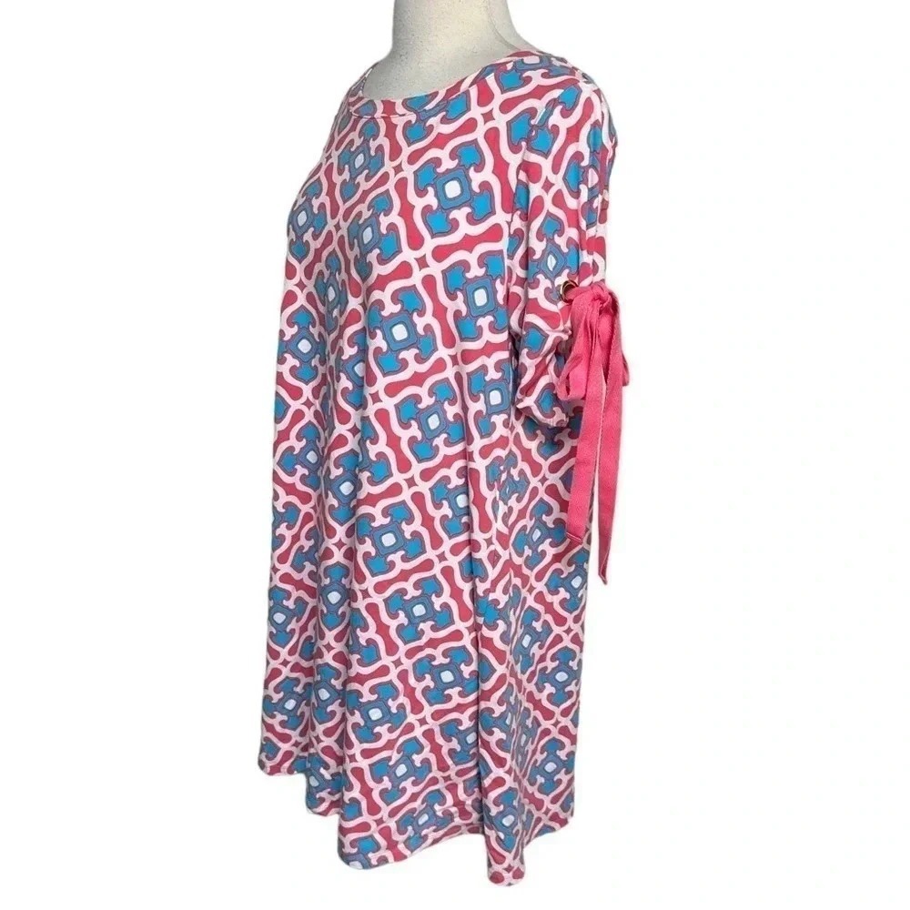 Crown & Ivy Tunic Dress L Pink Blue Geometric Tie Sleeve Bell Short Pullover